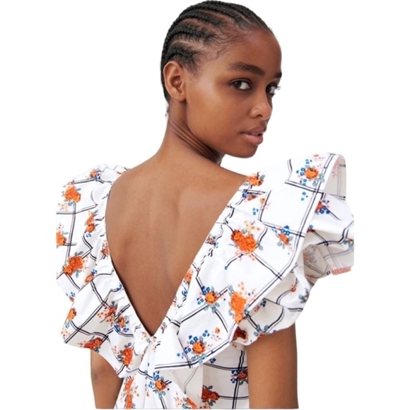 Zara CottageCore Mixed Print Floral Grid Ruffle Sleeve Midi Dress Size S… - Picture 8 of 8